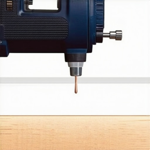 A close up view of a pin nailer being used on a white baseboard corner joint