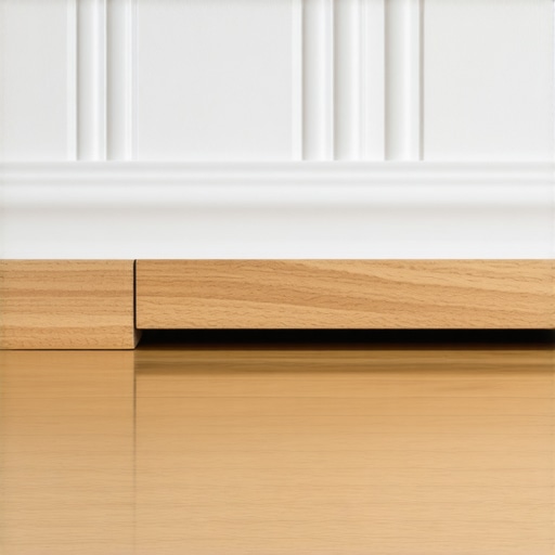 Close-up of a wooden spacer block between a floor plank and a wall.