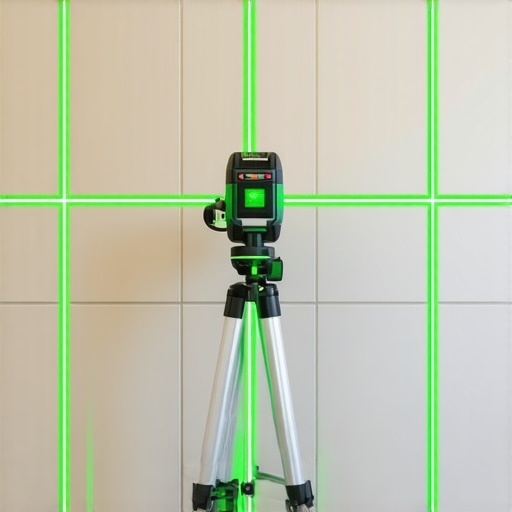Laser Level Accuracy for Bathroom Remodels A green cross-line laser level being used to check tile alignment and baseboard height in a bathroom renovation.