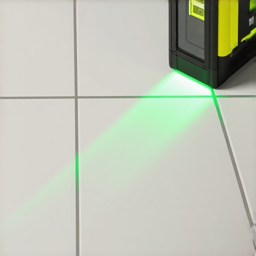 Laser Level Accuracy for Tile Floors Green beam laser level casting a guide line on bathroom tile floor for perfect alignment.
