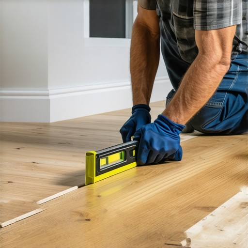 Mastering Baseboard Alignment on Uneven Floors A carpenter using wood shims and a level to align baseboards on an uneven concrete slab.