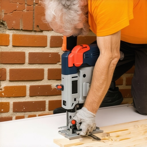Carpenter performing an angled back-bevel cut on baseboard trim to fit against an uneven brick wall.