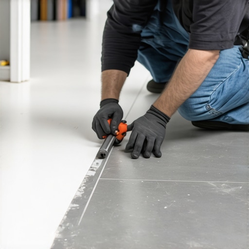 Hand using a scribe tool on a white baseboard over a grey tile floor