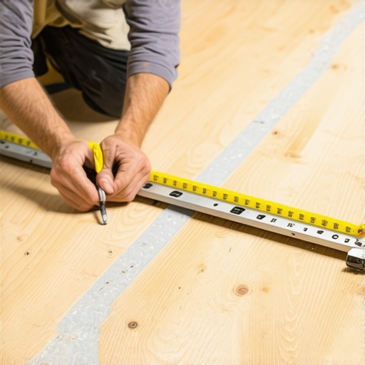 A contractor checking for subfloor dips with a straightedge before flooring installation.
