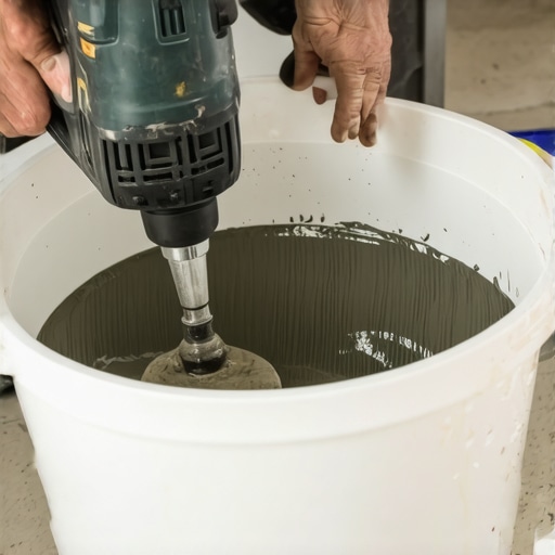 Mixing self-leveling underlayment to the perfect consistency Close-up of mixing self-leveler in a bucket with a power drill and paddle tool.