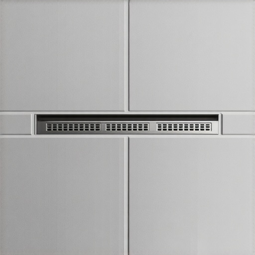 A modern linear drain in a walk-in shower with large tiles and clean grout lines.