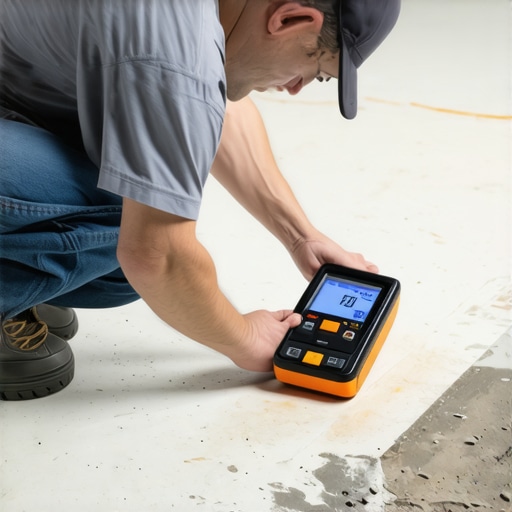 Moisture testing a concrete subfloor Contractor checking subfloor moisture levels before flooring installation