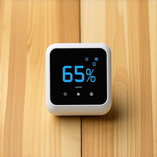 Monitoring Humidity on Crowning Hardwood Digital hygrometer showing high humidity on a warped hardwood floor.