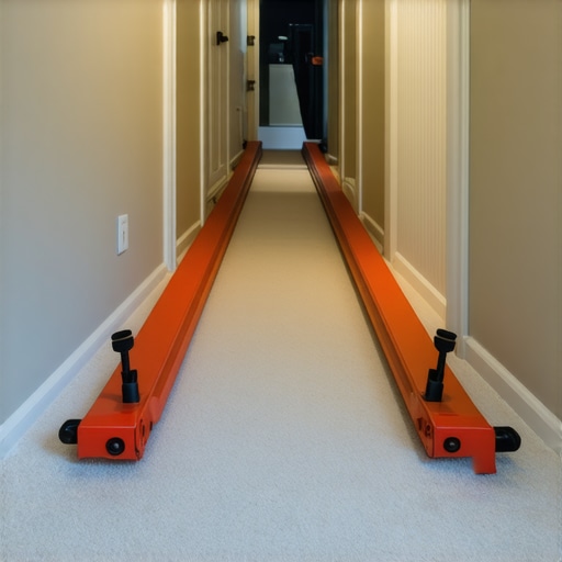 A long-reach power stretcher tool being used to remove ripples from a hallway carpet.