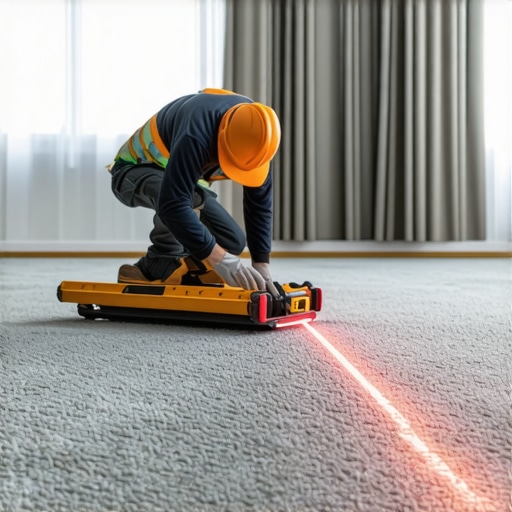 Close-up of a carpet power stretcher tool being used to remove wrinkles near a wall.