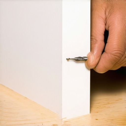 Carpenter pre-drilling a pilot hole in a wide baseboard miter to prevent wood splitting.