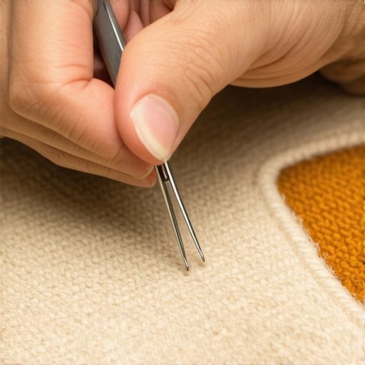 Using tweezers to repair a small burn in carpet fibers.