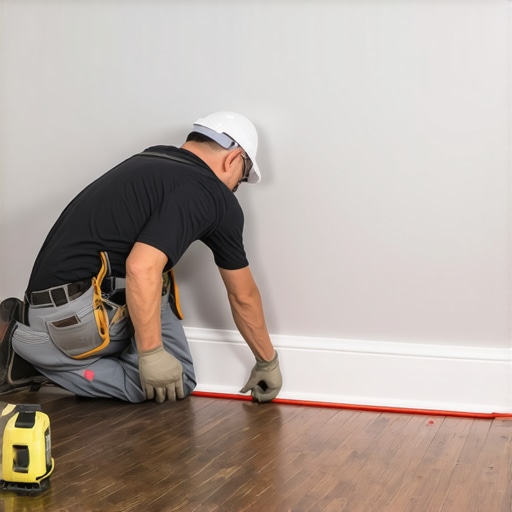 Professional installer using a laser level to ensure perfectly straight baseboards in a modern home.