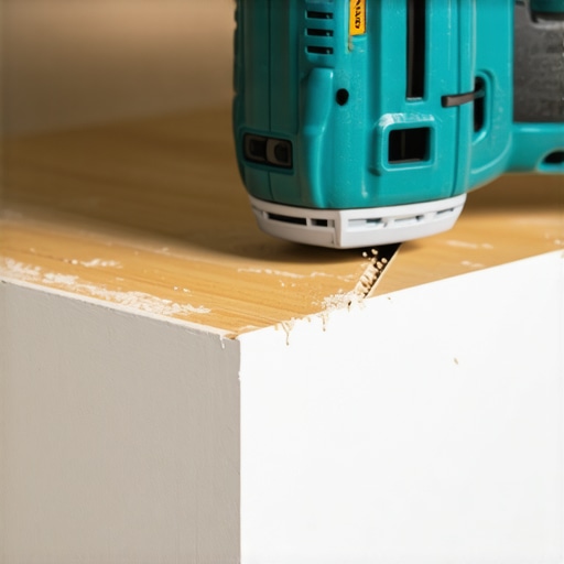 A professional tool being used to make a precise cut in a baseboard for a flooring transition.