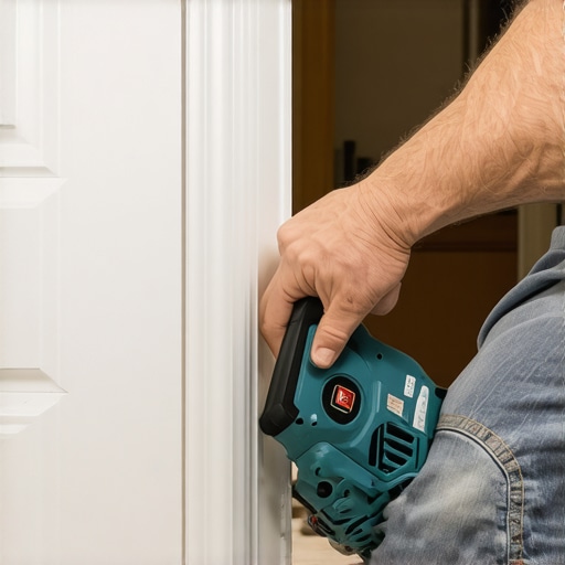 Precision Cutting with an Oscillating Multi-Tool A close up of a brushless oscillating multi-tool cutting a baseboard flush against a door jamb