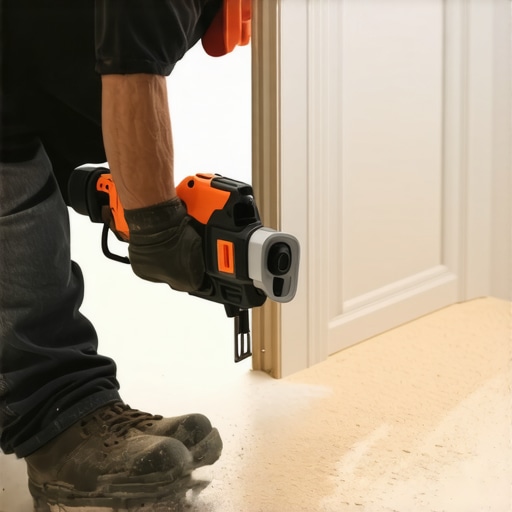 Contractor undercutting a door jamb for flooring installation