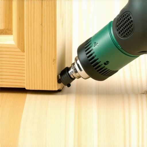 A worker using an oscillating tool to undercut a door frame for flooring installation.