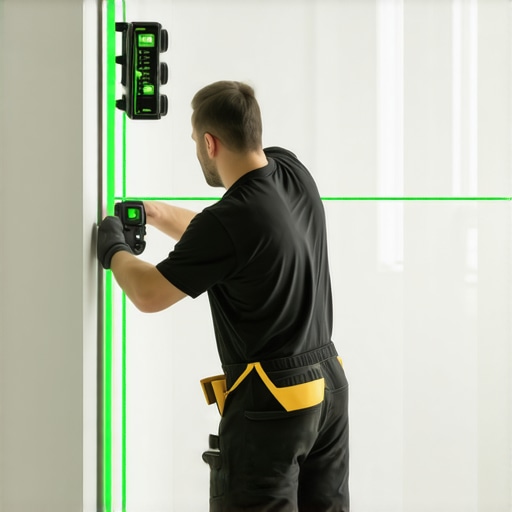 Professional using a green laser level for shower tile installation