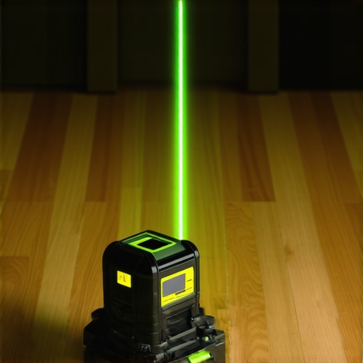 Precision Laser Leveling for Flooring and Baseboards A green beam laser level projecting lines across a hardwood floor and baseboards for professional alignment.