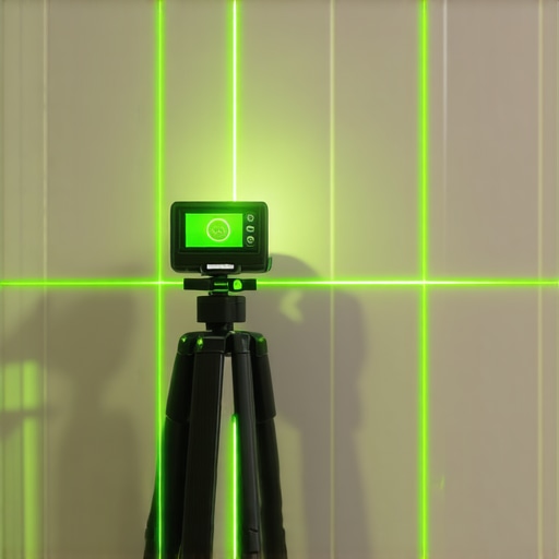 A green laser level projecting alignment lines on a shower wall for a flooring installation project.