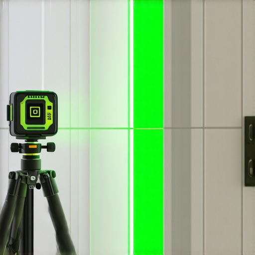 Precision Laser Leveling for Professional Tile Installation A green laser line used for aligning shower tiles perfectly during a bathroom remodel.