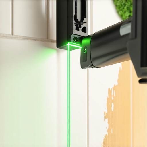A green laser level projecting lines on a bathroom wall for tile alignment