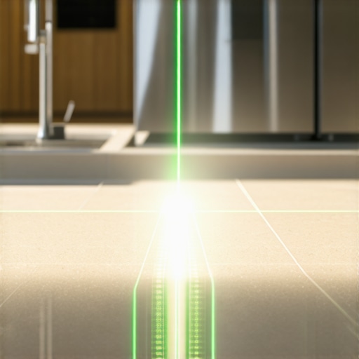 A green laser level projecting a grid on a kitchen floor for tile alignment.