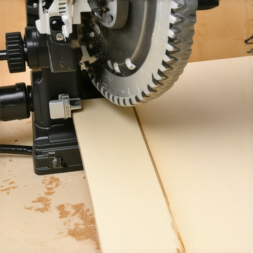 Precision Miter Saw Settings for Kerfing Close-up of miter saw depth adjustment for baseboard kerf cuts.
