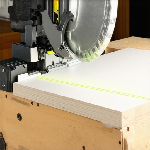 Precision Miter Saw for Baseboard Cuts Close-up of a professional miter saw with a laser guide on a piece of wood trim.