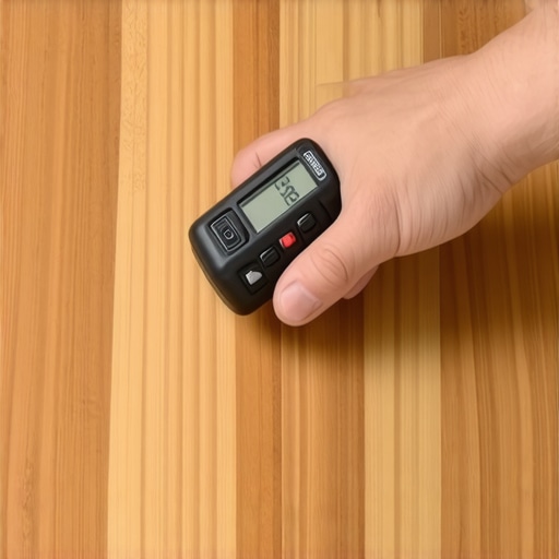A hand testing hardwood stair treads with a pinless moisture meter for installation prep.