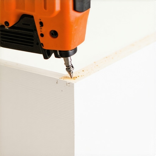 Close-up of a 23-gauge pin nailer being used on white mitered baseboard trim for a professional finish.
