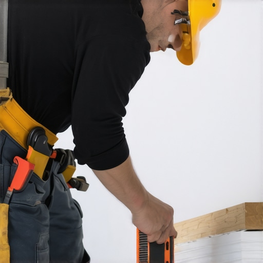 Precision Scribing for Bathroom Trim A professional using a scribe tool for baseboard installation.