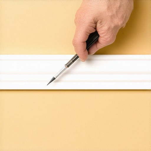 Precision Scribing for Perfect Baseboard Alignment A hand using a scribing tool to mark a baseboard for a custom fit against a wall.