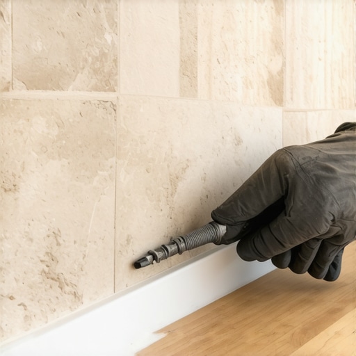 Close up of a scribing tool being used on a baseboard against a stone wall