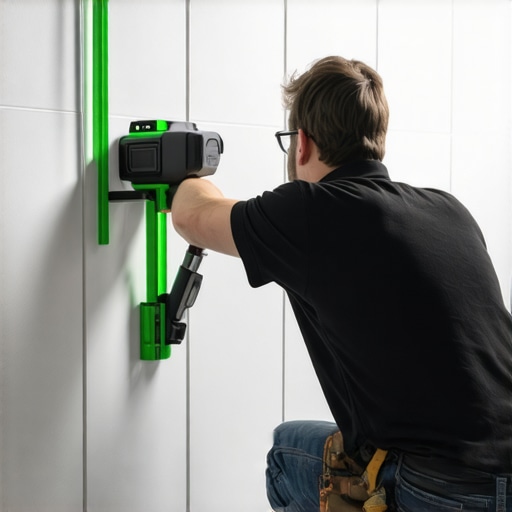 Professional using a 360-degree green laser level to ensure perfectly straight tile rows in a modern shower renovation.