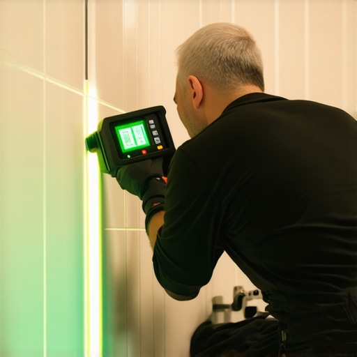 Contractor using a laser level for perfect shower tile rows
