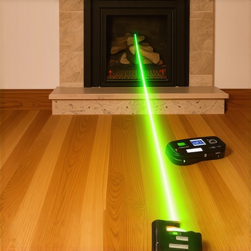 Precision Tools for High-End Flooring Installation A green laser level and contour gauge being used to align flooring against a stone fireplace.