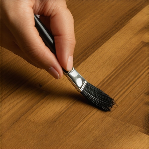 Precision Walnut Floor Scratch Repair Close-up of a professional using a micro-brush to repair a scratch on walnut flooring.