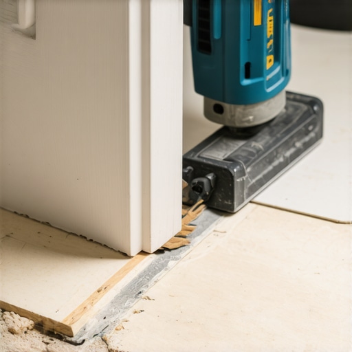 A professional oscillating tool undercutting a door jamb for a seamless tile-to-wood transition.