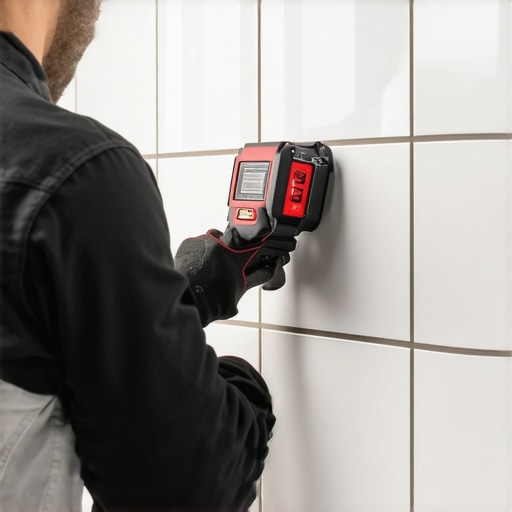 Precision laser leveling for a waterfall shower niche A laser level being used to align tile patterns for a waterfall effect in a shower niche.