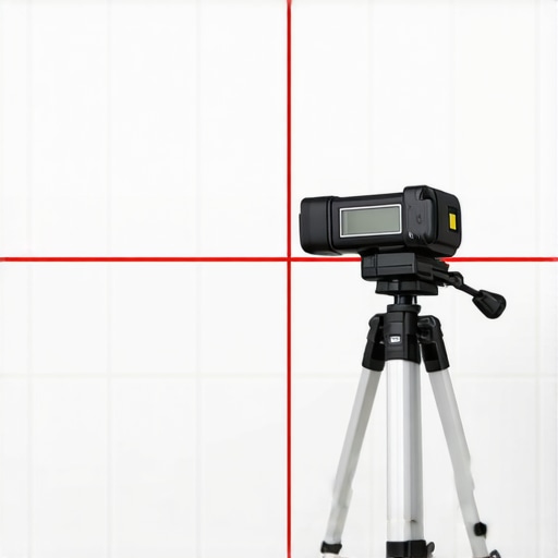 A red laser level beam guiding a subway tile layout on a bathroom wall.