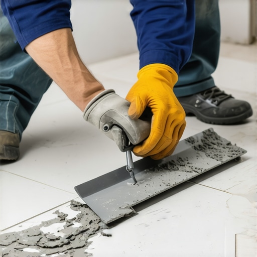 An installer applying a scratch coat of thinset to the back of a large format shower tile using a flat trowel.