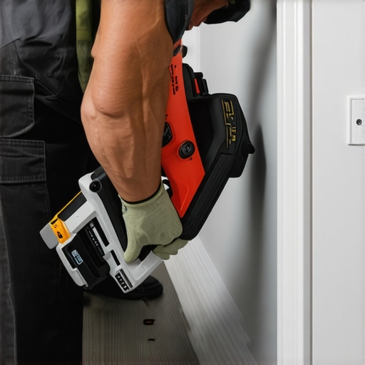 Carpenter nailing baseboard into wall stud to allow for flooring expansion.
