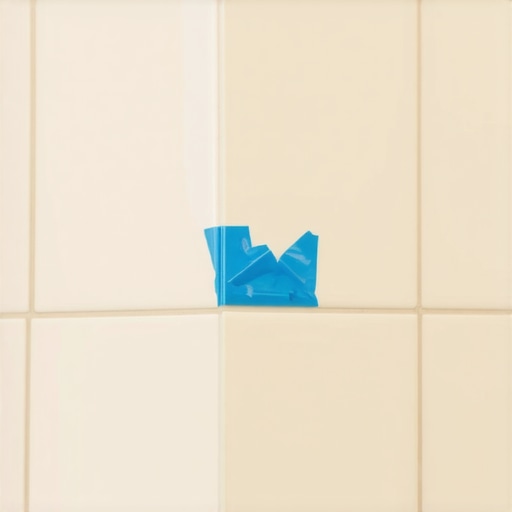 Applying blue painter's tape to a tiled shower corner to create a clean caulking gap.