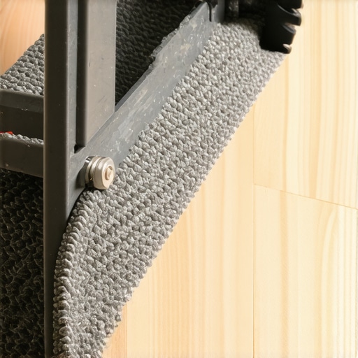 Professional Carpet Power Stretcher Close-Up A close-up of a carpet power stretcher engaging with the backing for a professional tensioning process.
