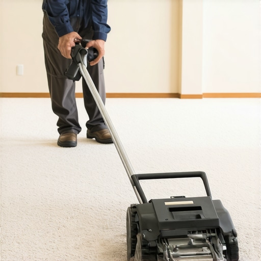 Professional Carpet Power Stretcher Setup Close-up of a carpet power stretcher tool used to ensure tension during carpet installation.