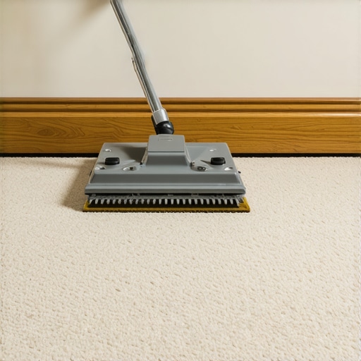 Professional Carpet Power-Stretcher Setup A carpet power-stretcher tool being used to tension a carpet against a wall during installation.