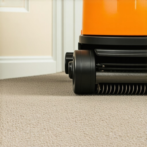 A professional carpet power stretcher stretching a new gray carpet toward a tack strip during installation.
