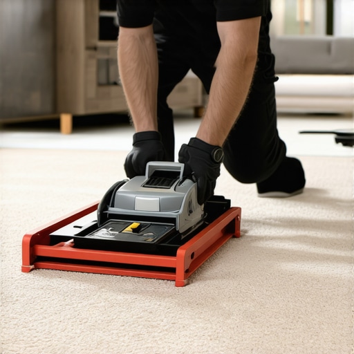 Professional Carpet Power Stretcher in Action A tool used by professionals to tension carpet and prevent ripples.