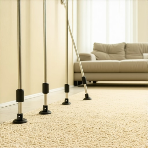 A professional carpet power stretcher being used to ensure a tight, wrinkle-free carpet installation in a residential living room.